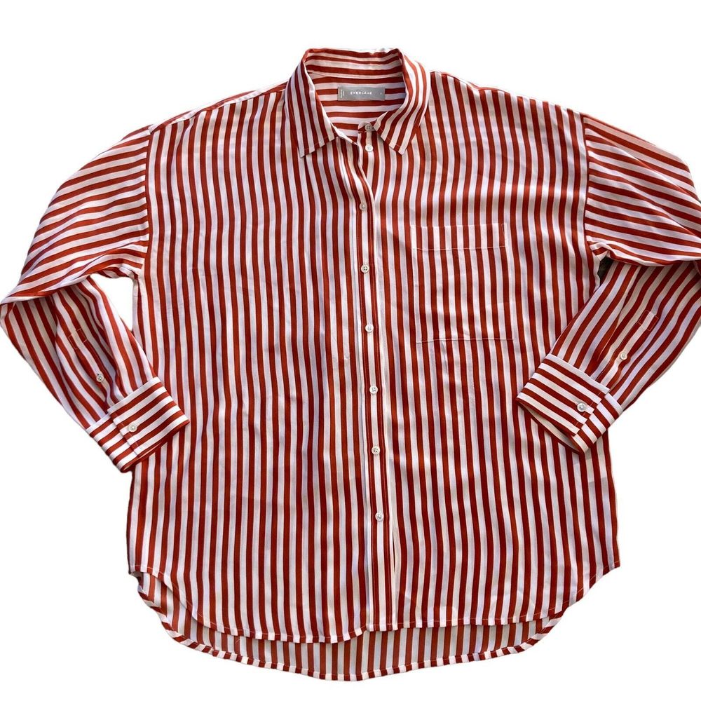 EVERLANE Sz 8 The Clean Silk Relaxed Shirt Button Up White Orange Stripe